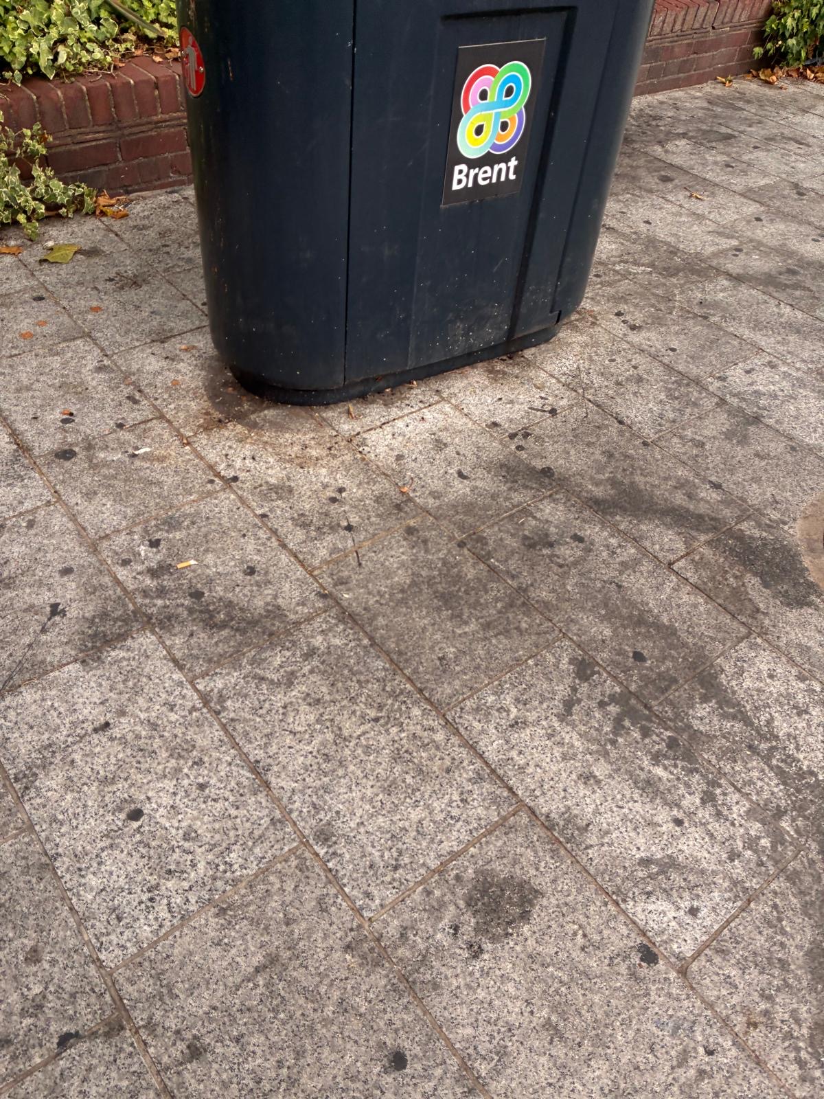 Pavement near a bin with a small item of litter